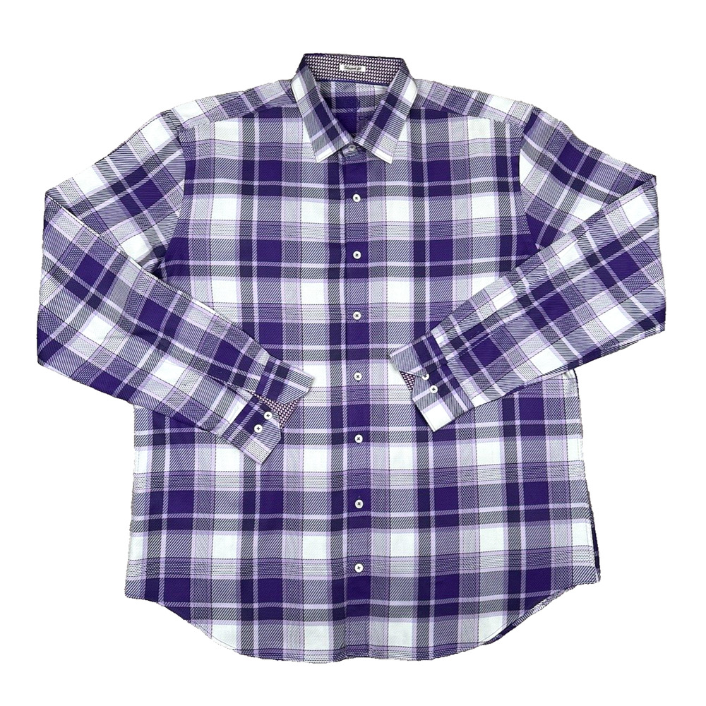 Bugatchi Uomo Men's Long Sleeve Button Up Purple/White/Lavender Dress Shirt XXL.